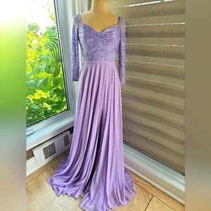Cindy Collection Chic Long Sleeve Lace Gown‎ in Soft Lilac Size S
